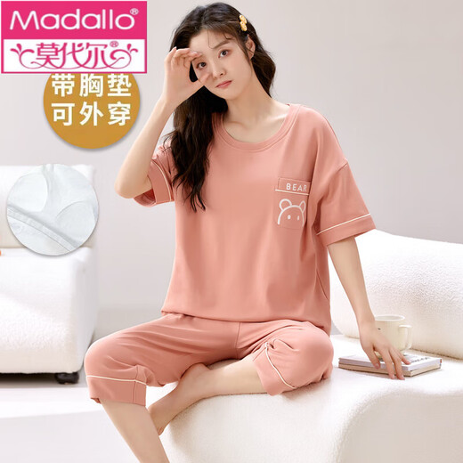 Modal pajamas with chest pad for women for summer cotton short-sleeved cropped pants for outerwear for cotton summer women's home clothes with chest pad: 679 Barbie Bear M women