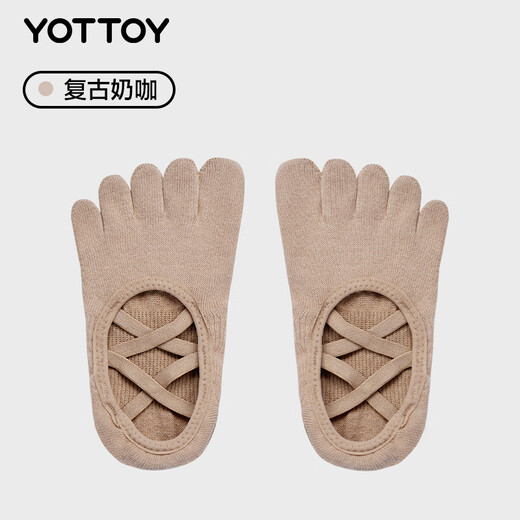Yottoy five-finger yoga socks non-slip professional women's Pilates indoor fitness ballet sports socks 25 years summer style retro milk coffee (full palm anti-slip | 5A antibacterial) double cross S