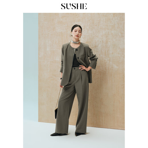 SUSHE Gold Jacquard Contrast Color Collarless Suit Jacket High Waist Cut Drape Suit Comet Green - Pants M