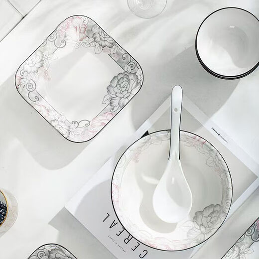 Ceramic soup bowl, large thickened Chinese tableware bowl, rice bowl, rich peony bamboo hat bowl 1 piece (without spoon)