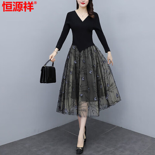 Hengyuanxiang yarn dress for women Spring and Autumn 2025 new summer high-end exquisite luxury brand temperament celebrity fake two-piece suit Black XL recommended 115-125Jin [Jin equals 0.5 kg]