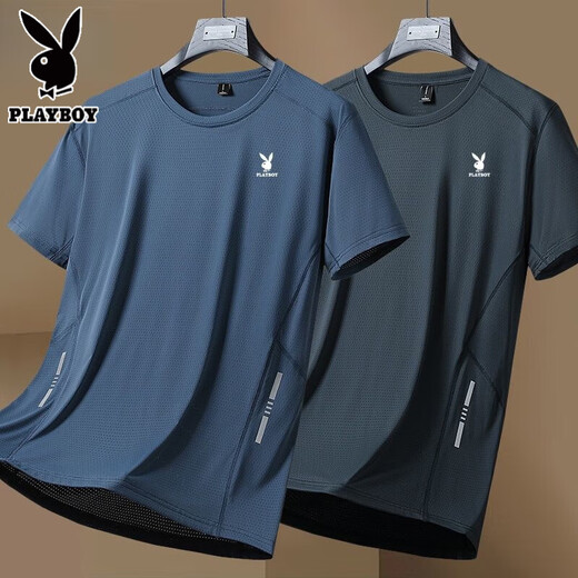 花花公子（PLAYBOY）夏季冰丝速干透气专柜青年运动百搭短袖T恤/2件 舒适亲肤  深灰+黑色冰丝短袖两 XL 建议【115-125斤】