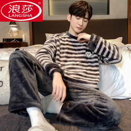 LangSha Coral Velvet Pajamas for men autumn and winter style plus velvet thickened warm set flannel men autumn home clothes K3892 L