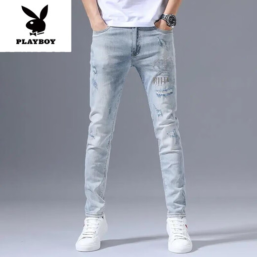 Playboy (Playboy) Летние растяжки для эластичных джинсов Мужские разорванные вышивающие вышива