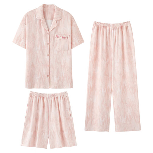 浪莎（LangSha）睡衣女夏季2025新款纯棉短袖三件套可外穿家居服套装 蜜桃粉 3件套 L 建议10-120斤