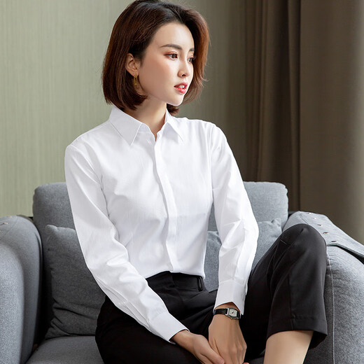 LA海澜之家（HLA）同款）春季女士长袖衬衫韩版修身暗门襟白色衬衣 15604蓝色斜纹V领 36