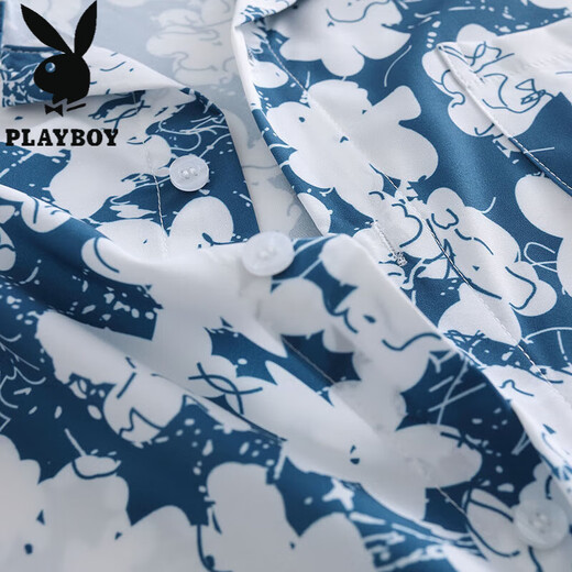 花花公子（PLAYBOY）夏威夷花衬衫短袖男夏季冰丝薄款沙滩情侣休闲衬衣 6636太湖绿 XL