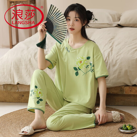 浪莎（LangSha）新中式国风睡衣女夏季新款短袖长裤时尚洋气可外穿睡衣家居服套装 G9905 【短袖长裤】 M 建议75斤-95斤