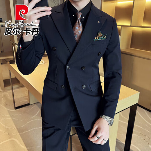 Pierre Cardin groom wedding suit men's peaked lapel slim dress business professional formal double-breasted suit men black three-piece suit XL (suitable for 126-140 Jin Jin equals 0.5 kg)