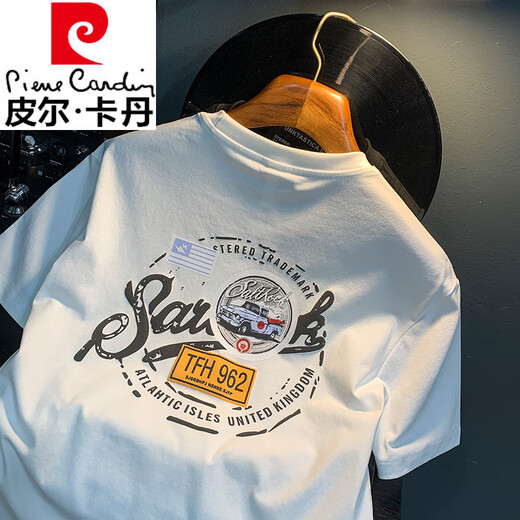 皮尔卡丹（pierre cardin）白色T恤男夏季新款高端潮流印花t恤美式轻奢新疆棉舒适短袖T恤衫 香槟色 【JSW9906香槟色】 M 适合90-108斤穿