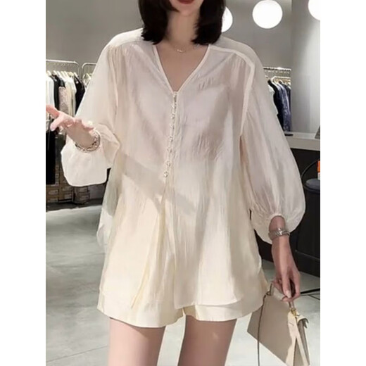 恒源祥2025夏季新中式国风长袖防晒服上衣套装女显瘦百搭时尚短裤两件套 白色 3XL 125-140斤