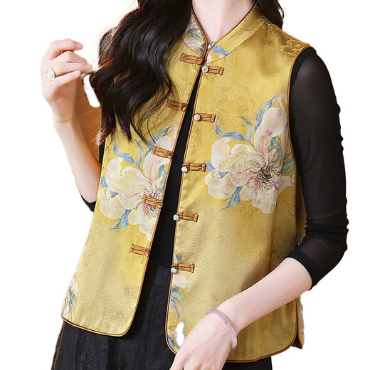 New Chinese style retro vest for women 2025 early spring new style Western-style stand-up collar buckle fashion waistcoat top yellow 2XL
