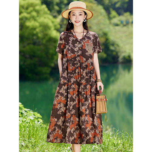 XAE奢侈高档品牌短袖连衣裙女2025夏季新款V领宽松休闲显瘦印花裙 兰色 XL 建议120-130斤