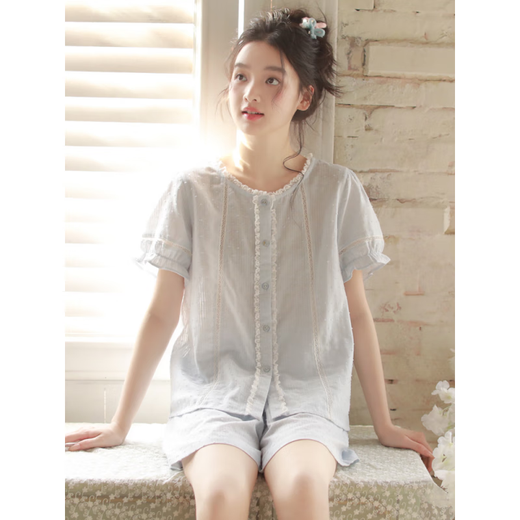浪莎（LangSha）2025年新款夏季女士睡衣短袖短裤法式纱布大码家居服可外穿套装 3892粉紫色 2XL (建议140-160斤左右)