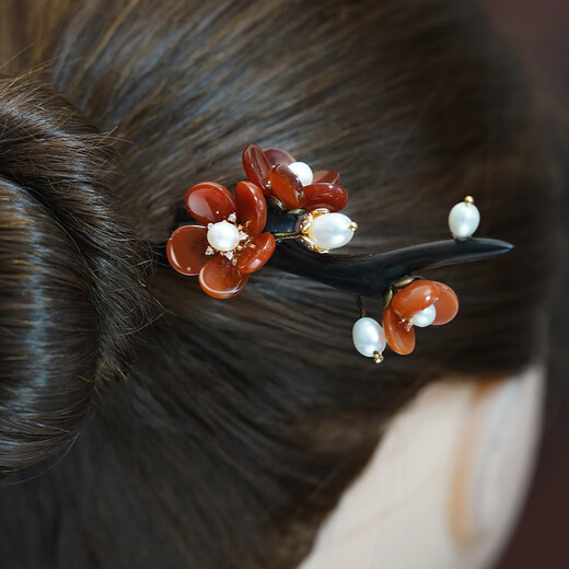 Kamalun (KAMALUN) red agate plum hairpin black sandalwood hairpin handmade Hanfu headwear high-end daily wear new Chinese style hairpin red agate plum blossom A style pole length 18 cm