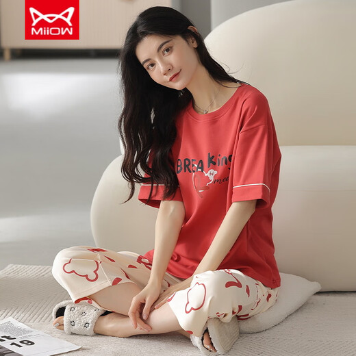 Catman (Miiow) Pure Cotton Pajama для женщин в летних укороченных брюках с короткими рукавами.