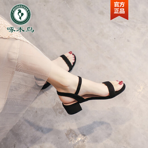 Woodpecker sandals for women 2025 new summer versatile mid-heel thick heels one-length high heels women's outer wear skirt black - heel height 6 cm 698-6 37