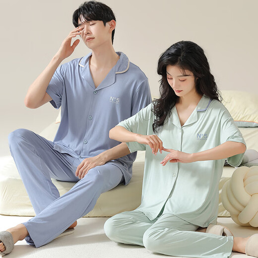 维秘艾米丽莎莫代尔情侣睡衣女春夏季款短袖长裤薄款家居服男女士开衫大码套装 N12108女N12308男 M 女