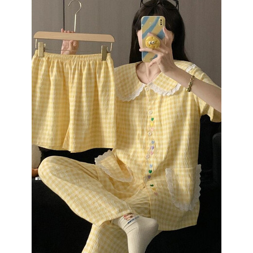 
Arctic velvet large size home clothing for women 2025 new summer short-sleeved plaid sweet princess Fengyunduo cotton pajamas three-piece set H9928 polka dot KT cat [small lapel style] M