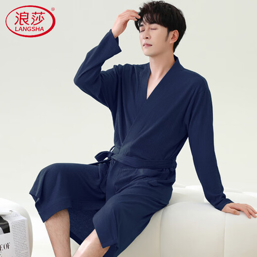 
LangSha waffle bathrobe men's pure cotton medium-length men's nightgown 2025 new absorbent integrated bathrobe LJ16822 M Weight 100-120Jin [Jin equals 0.5 kg]