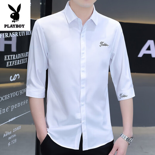 Playboy (Playboy) Elastic Ice Silk Silk 7-четверть рубашки для рубашки для мужчин в середине рубашки, вышитых без воркинкового летнего тонкого стиля Slim Corean Black 684 White M Рекомендуется 160-165CM90-110JIN [JIN равно 0,5 кг]