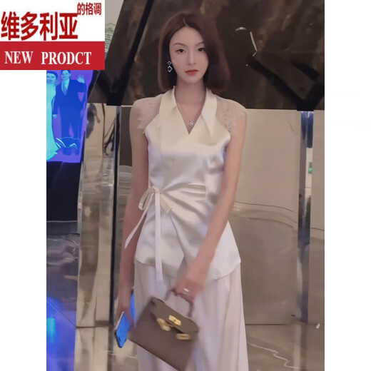 维多利亚的格调法式气质时尚套装女夏季2025新款感蕾丝拼接马甲阔腿裤两件套 杏色套装 S 建议80-100斤