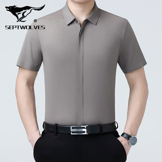 Sieben Wolf Mulberry Silk Short Sleeve Shirt Herren Sommer Neues Freizeitgeschäft No Bügelhemd mit mittleren Alter dünne halbärmelige Top 6913 Graues Grün 4xl 195/135