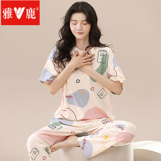 雅鹿2025年新款睡衣女夏棉短袖长裤春秋夏款女士家居服薄款两件套装 ZH-9720 M