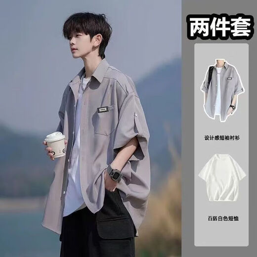
Xingsuyao Japanese shirt men's suit summer jacket loose short-sleeved shirt one set with high-end three-piece set for boys Black shirt + short-sleeved white + jeans blue XL