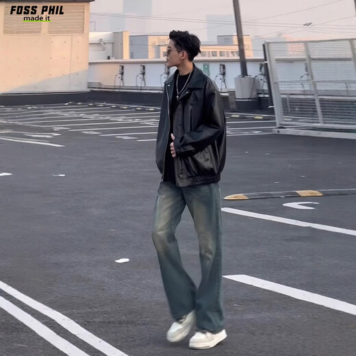 Foss Phil leather jacket men's autumn and winter retro pu leather jacket casual lapel solid color top Q2499 black L