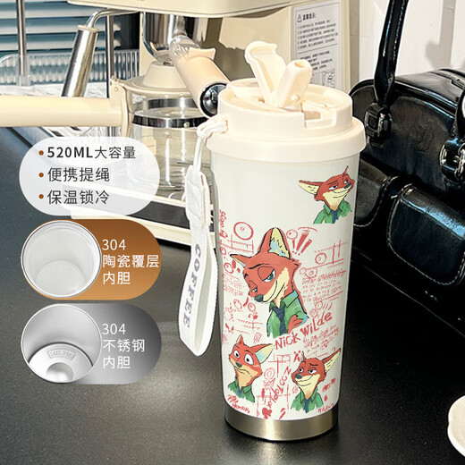 Whalemedo Judynik Thermos Straw Bebida Copa de bebida Gran capacidad A Car Portable Masculino y Femenino Para ir a la Copa Escolar BXAB6624 Fox Nick [sin patrón] 520ml-Con Lanyard