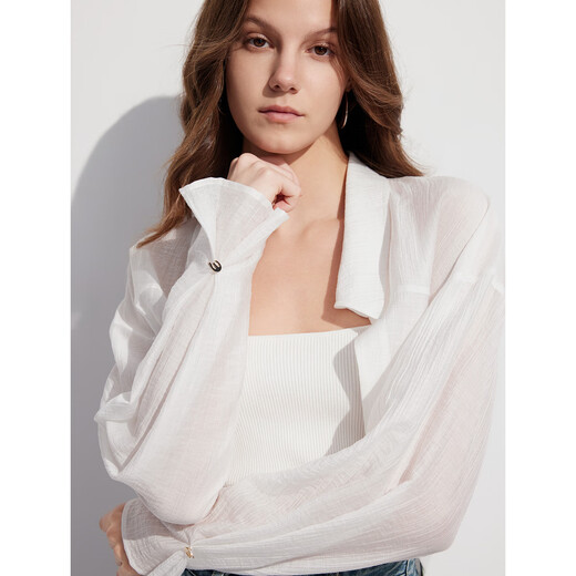 ELLE Lyocell Tencel long-sleeved white shirt for women 2025 summer cardigan design new blouse top white M