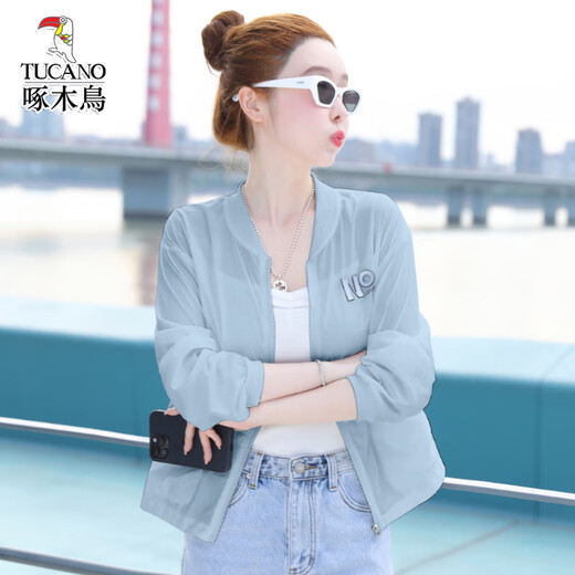 啄木鸟夏季新款宽松显瘦短外套女运动百搭防晒衣 浅蓝色 M (100斤以内)