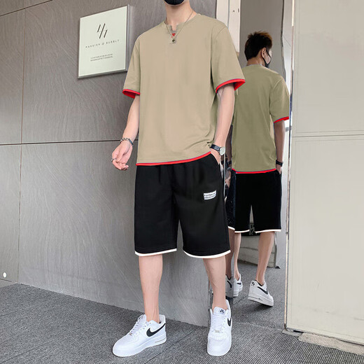 骆驼（CAMEL）男士短袖t恤夏季时尚冰丝运动套装休闲旅游轻便男装短裤搭配一套 6227白色+K201黑白边 M