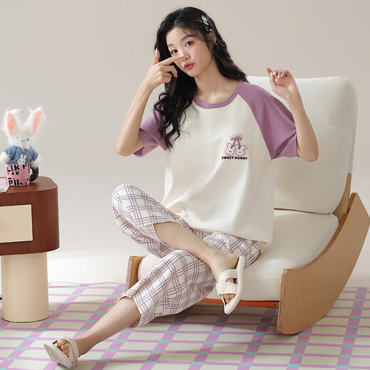 Pajamas en velours arctique pour les femmes en été en été coton pur en V V pantalon recadré à manches courtes lâche et décontracté peut être porté à l'extérieur de la maison de vêtements de printemps T-9855 (costume court) M (80-100jin [Jin est égal à 0,5 kg]))