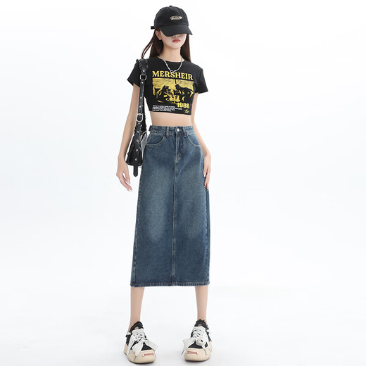 真维斯牛仔半身裙女2025夏季新款高腰显瘦开叉a字中长款复古包臀裙子女 3878白色 XS