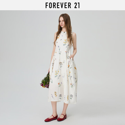 FOREVER21无袖连衣裙女2025年夏季新款法式度假风清新印花甜美休闲背心长裙 花灰米色 M