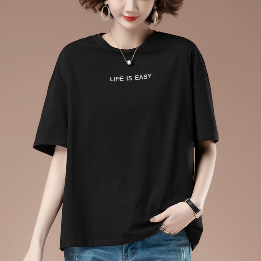 铂朗尼奥女士短袖高档女时尚一点中老年人加肥加大码夏季新款宽松刺绣t恤 9889黑色 3XL145-160斤 均码