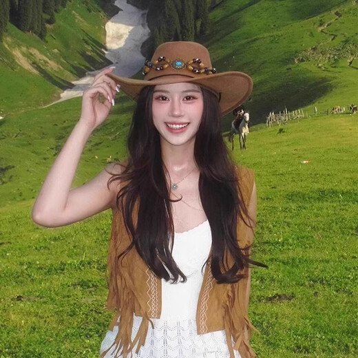 COSMICKISS ethnic style western cowboy hat women's summer Xinjiang Tibet western Sichuan travel wear mountaineering hat sun protection hat light brown color