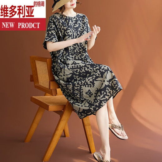 Victoria's Style Fat Mm Round Hals kurzärmeligte Baumwolle und Leinenkleid für Frauen Sommer Neuer Retro Literary Lose Locker großer Größe Freizeitrock-Farbe Einer Größe großer Größe großgröße