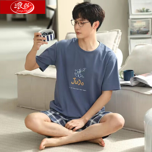Langsha Pyjamas en coton pur pour hommes en été à manches courtes à manches courtes, style de maison entièrement en ligne de grande taille de grande taille 679 Z9359 L 115-130Jin [Jin est égal à 0,5 kg]