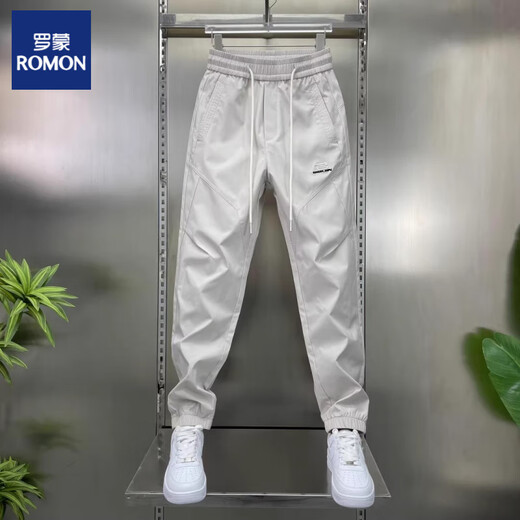 罗蒙（ROMON）夏季新款时尚百搭休闲裤男士速干薄款束脚裤潮流宽松痞帅哈伦裤子 灰色 M (85-105斤)