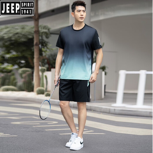 吉普（JEEP）男士跑步速干休闲运动套装男夏季薄款加肥加大码短袖两件羽毛球服  蓝色 9902  L 90-110斤