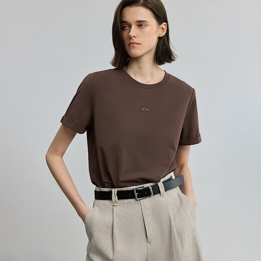 
LILY2025 summer new women's clothing retro simple basic embroidery casual versatile front shoulder round neck short-sleeved T-shirt 701 brown S