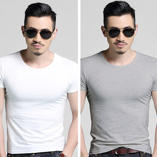 2 pieces of men's short-sleeved T-shirts slim fit summer half-sleeved black and white pure white tight-fitting bottoming shirt trendy brand QM round neck black + round neck army green XL 130-145Jin Jin equals 0.5 kg