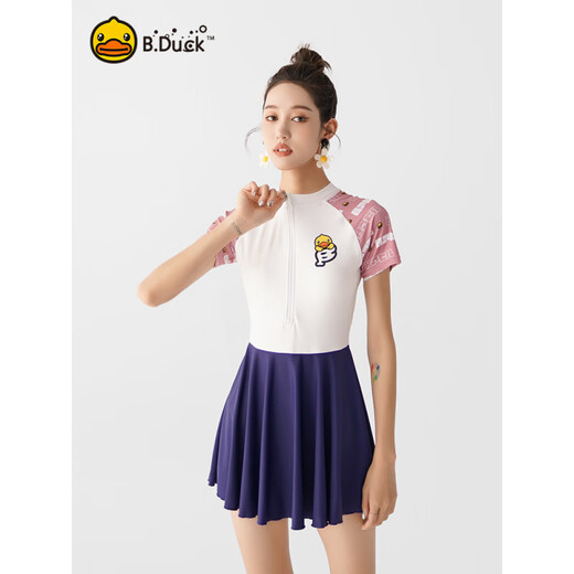 B.Duck新品泳衣女显瘦遮肚连体裙式长袖新款感保守防晒学生游泳衣 1049蓝色 2XL