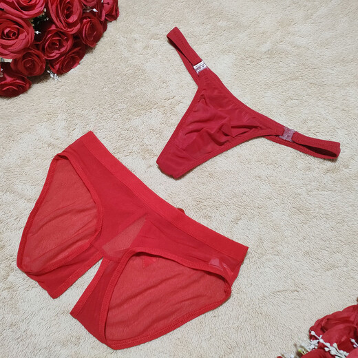 2 pack of hot and sexy mesh transparent low-waist women's briefs men's thong couple underwear, men's mesh with holes + women's mesh with crotch opening, red, one size fits all