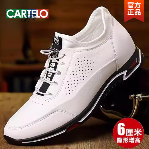 Cartelo Invisible Inner Highing Men's Zapatos 6 cm de cuero White Sports 2025 Summer New Hollow Breatable Soft Sole Casual cuero 898 Modelo hueco blanco 39