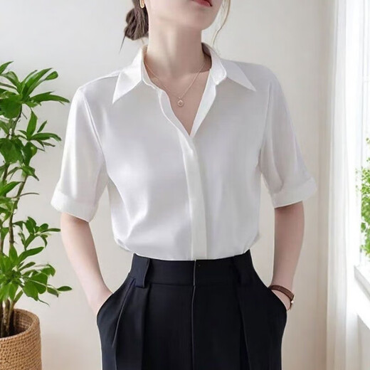 Camisa de manga corta de alta gama para mujeres en el temperamento de verano, uso formal de la camisa blanca de la camisa blanca de la máquina de trabajo de la máquina del nicho top 9902 Botón oculto blanco [tela de gasa] 2xl recomendado [131-140Jin [Jin iguala 0.5 kg]]