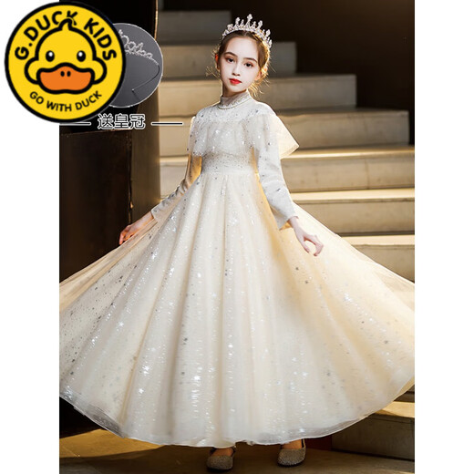 G.DUCKKIDS Girls Dress Flower Girls Wedding Little Girls Wedding Piano Playing Performance Clothes Children's High-end Host Princess Dress 692009 White [Follow + Crown] 150 cm Suitable for 140-150cm Ages 9-10 years